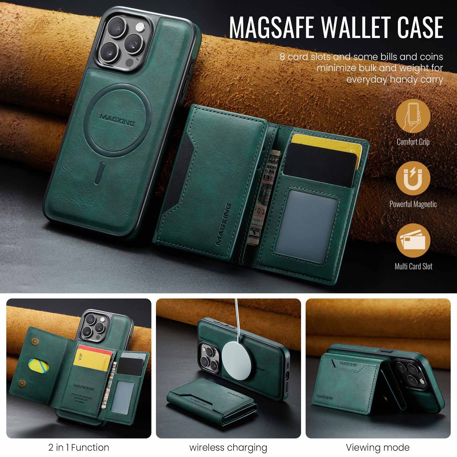 Purple Premium MagSafe Wallet Case for iPhone 16 Pro - Detachable PU Leather Magnetic Card Holder