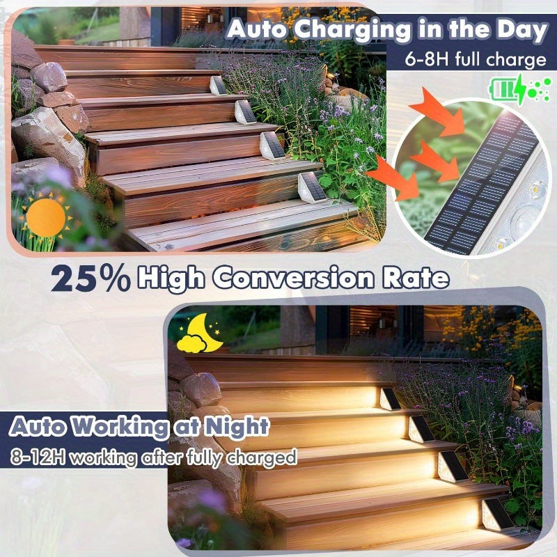 2 Pcs White Bright 14-LED Solar Powered Step Lights - Automatic Outdoor Waterproof Illumination for Stairs, Deck, Pathway & Garden Warm White