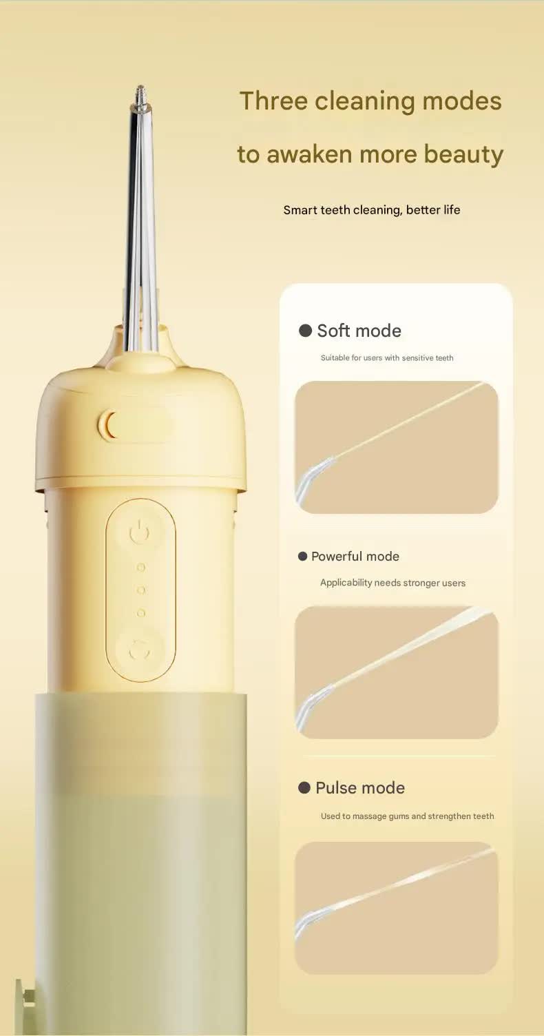 Yellow Compact Telescopic Water Flosser - USB Rechargeable Oral Irrigator, 3 Modes, 4 Nozzles for Travel & Home