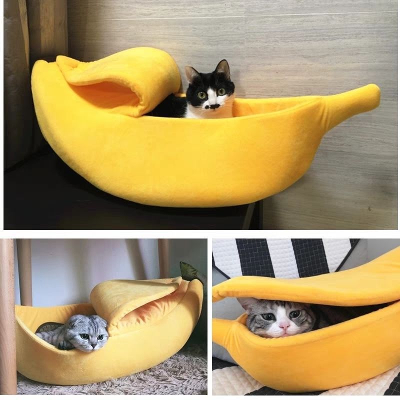 Yellow Cozy Banana Peel Pet Bed - Plush & Warm Cave House for Cats & Small Dogs Large
