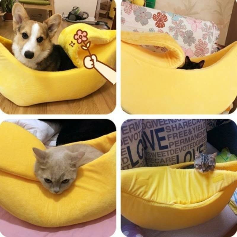 Yellow Cozy Banana Peel Pet Bed - Plush & Warm Cave House for Cats & Small Dogs Large
