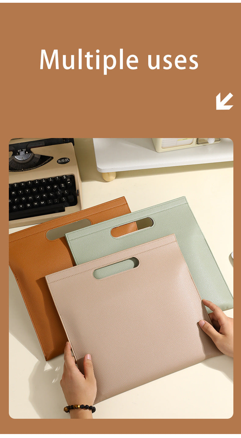 Khaki Professional A4 PU Leather Document Bag - Waterproof Handheld File Folder Portfolio for Business & Conference
