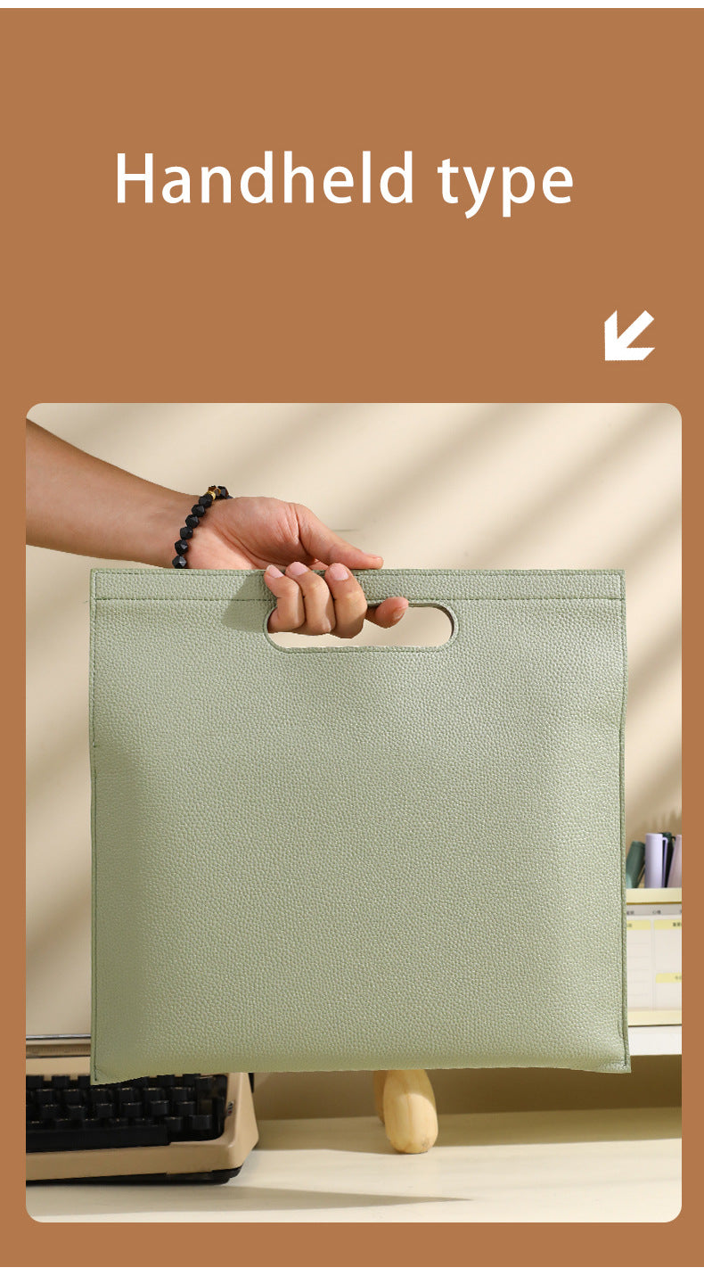 Light Green Professional A4 PU Leather Document Bag - Waterproof Handheld File Folder Portfolio for Business & Conference