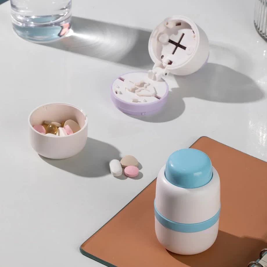 White And Purple 3-in-1 Pill Cutter Crusher & Storage Box - Portable Tablet Splitter Grinder for Precise Dosing