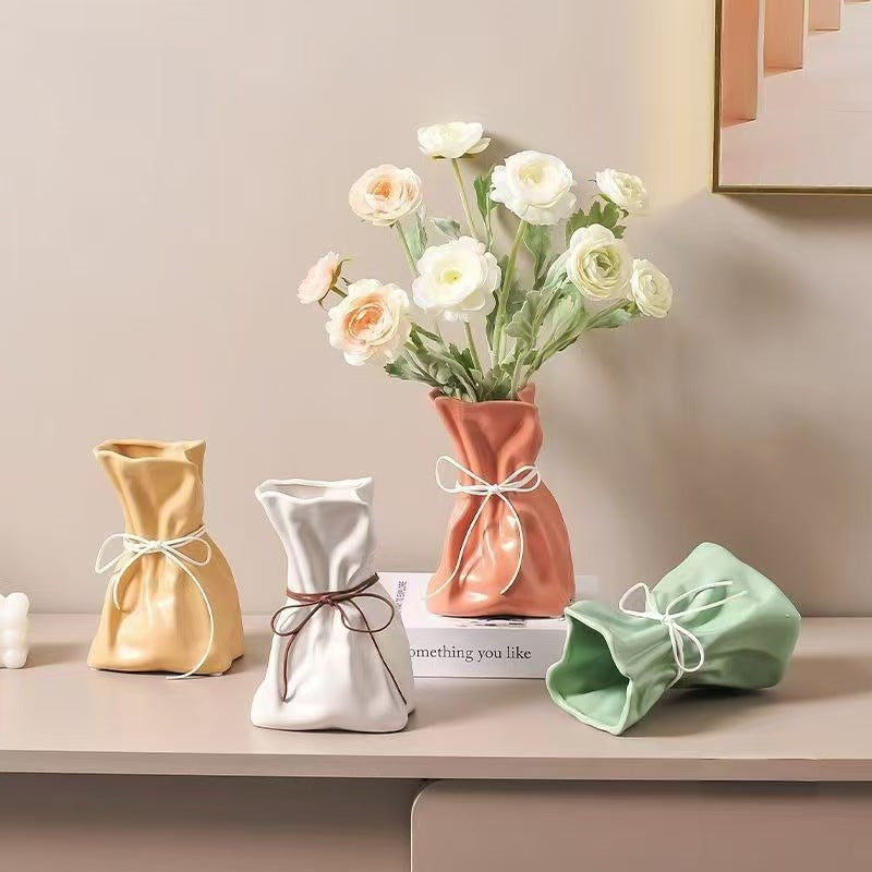 Yellow And White Chic Money Bag Inspired Vase - Modern Resin Decorative Flower Holder & Tabletop Accent Use the mobile phone as a reference for size