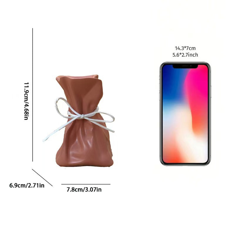 Coffee And White Chic Money Bag Inspired Vase - Modern Resin Decorative Flower Holder & Tabletop Accent Use the mobile phone as a reference for size