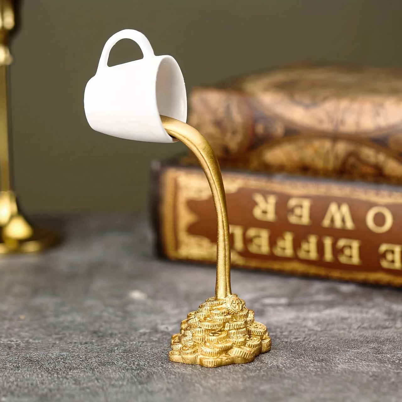 2 Pcs 1 Glod Cup and 1 White Cup Magic Pouring Coffee Cup Sculpture - Unique Resin Tabletop Art Accent"