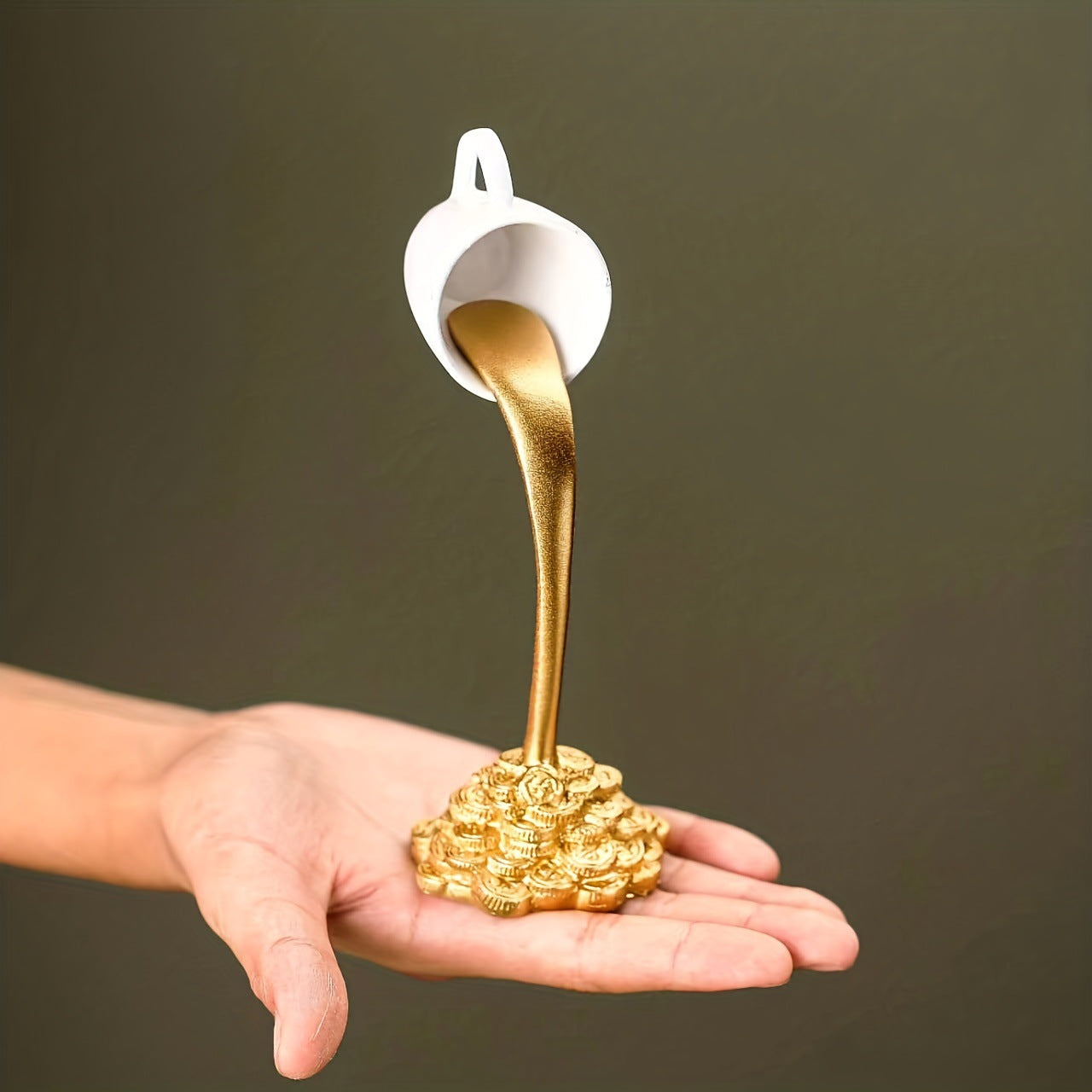2 Pcs 1 Glod Cup and 1 White Cup Magic Pouring Coffee Cup Sculpture - Unique Resin Tabletop Art Accent"