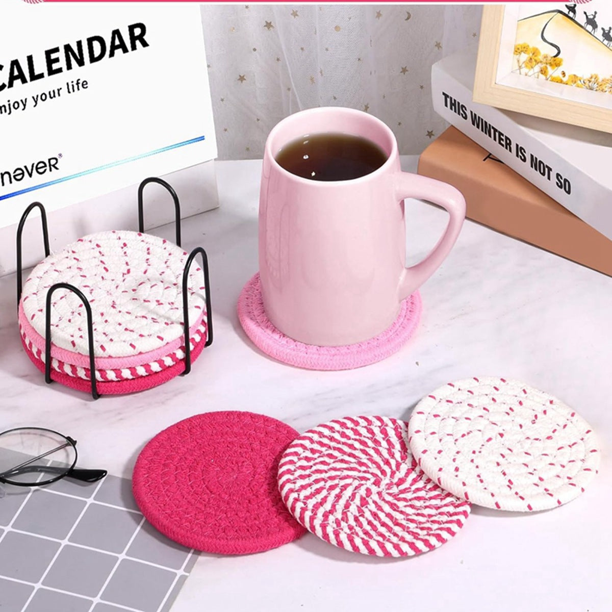Grey Absorbent Woven Cotton Coasters - Set of 8 with Metal Holder - Heat Resistant Drink Mats for Table Protection