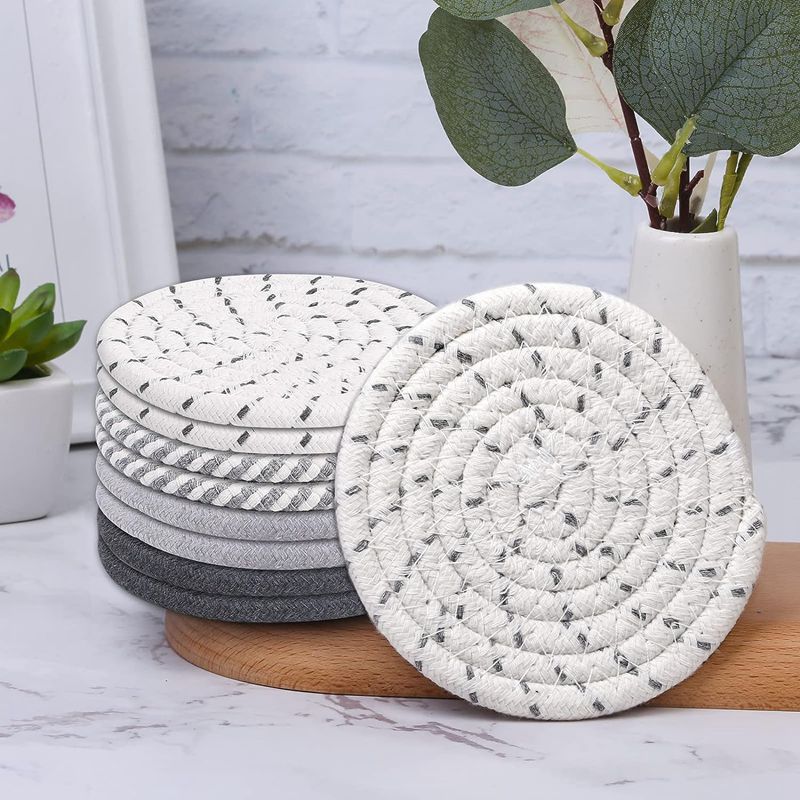 Grey Absorbent Woven Cotton Coasters - Set of 8 with Metal Holder - Heat Resistant Drink Mats for Table Protection