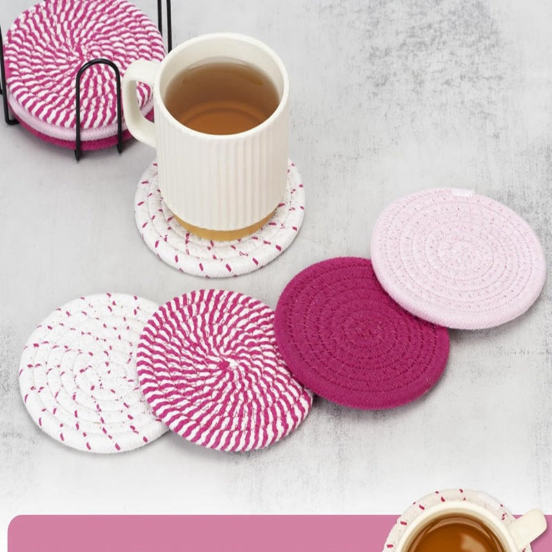 Beige and Khaki Absorbent Woven Cotton Coasters - Set of 8 with Metal Holder - Heat Resistant Drink Mats for Table Protection