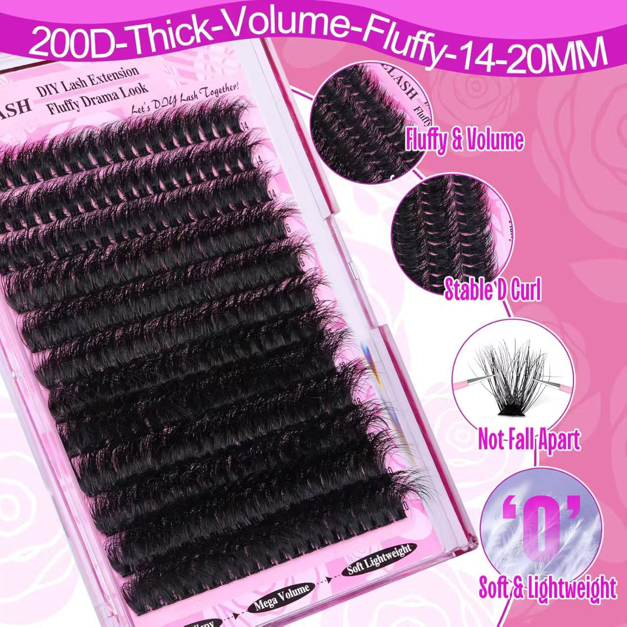 3 Pcs Black Mega Volume 200D DIY Lash Clusters - D Curl Faux Mink, Fluffy Drama Look, Mixed Lengths 14-20mm for Custom Extensions