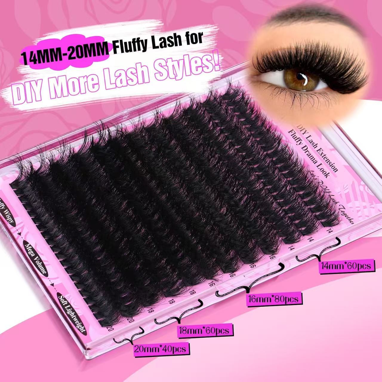 3 Pcs Black Mega Volume 200D DIY Lash Clusters - D Curl Faux Mink, Fluffy Drama Look, Mixed Lengths 14-20mm for Custom Extensions