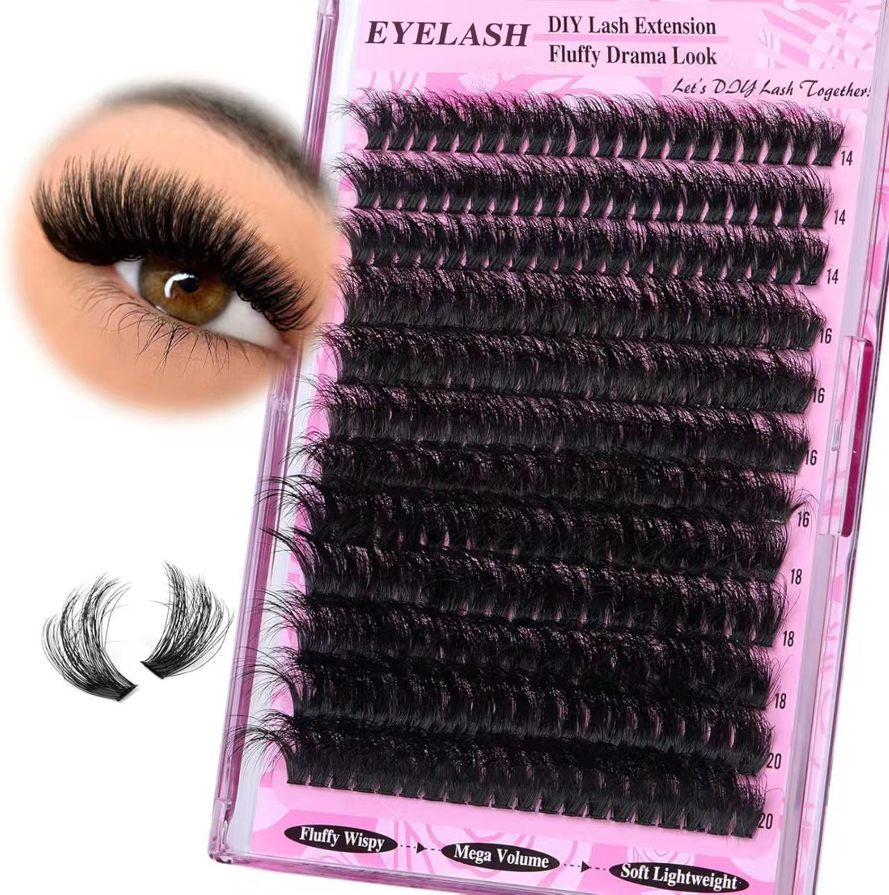 3 Pcs Black Mega Volume 200D DIY Lash Clusters - D Curl Faux Mink, Fluffy Drama Look, Mixed Lengths 14-20mm for Custom Extensions