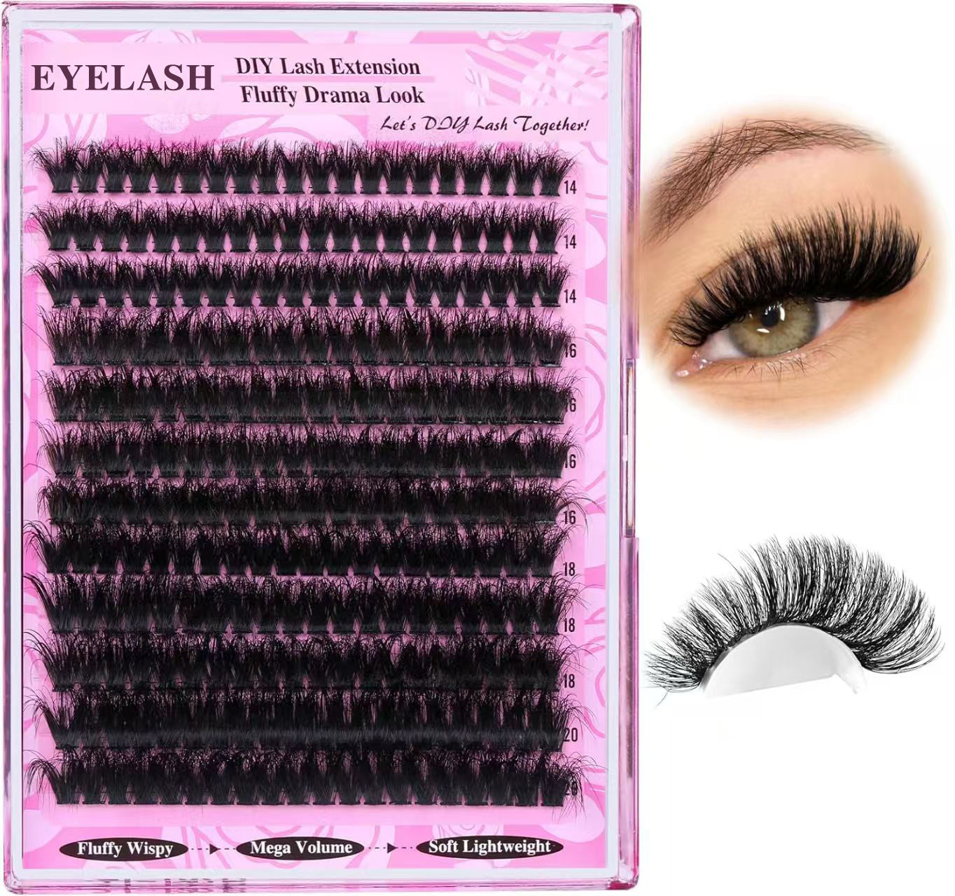 3 Pcs Black Mega Volume 200D DIY Lash Clusters - D Curl Faux Mink, Fluffy Drama Look, Mixed Lengths 14-20mm for Custom Extensions