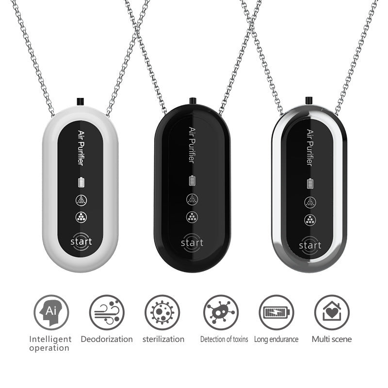 Black Personal Wearable Air Purifier Necklace - USB Rechargeable Ionizer for Cleaner Air On-The-Go