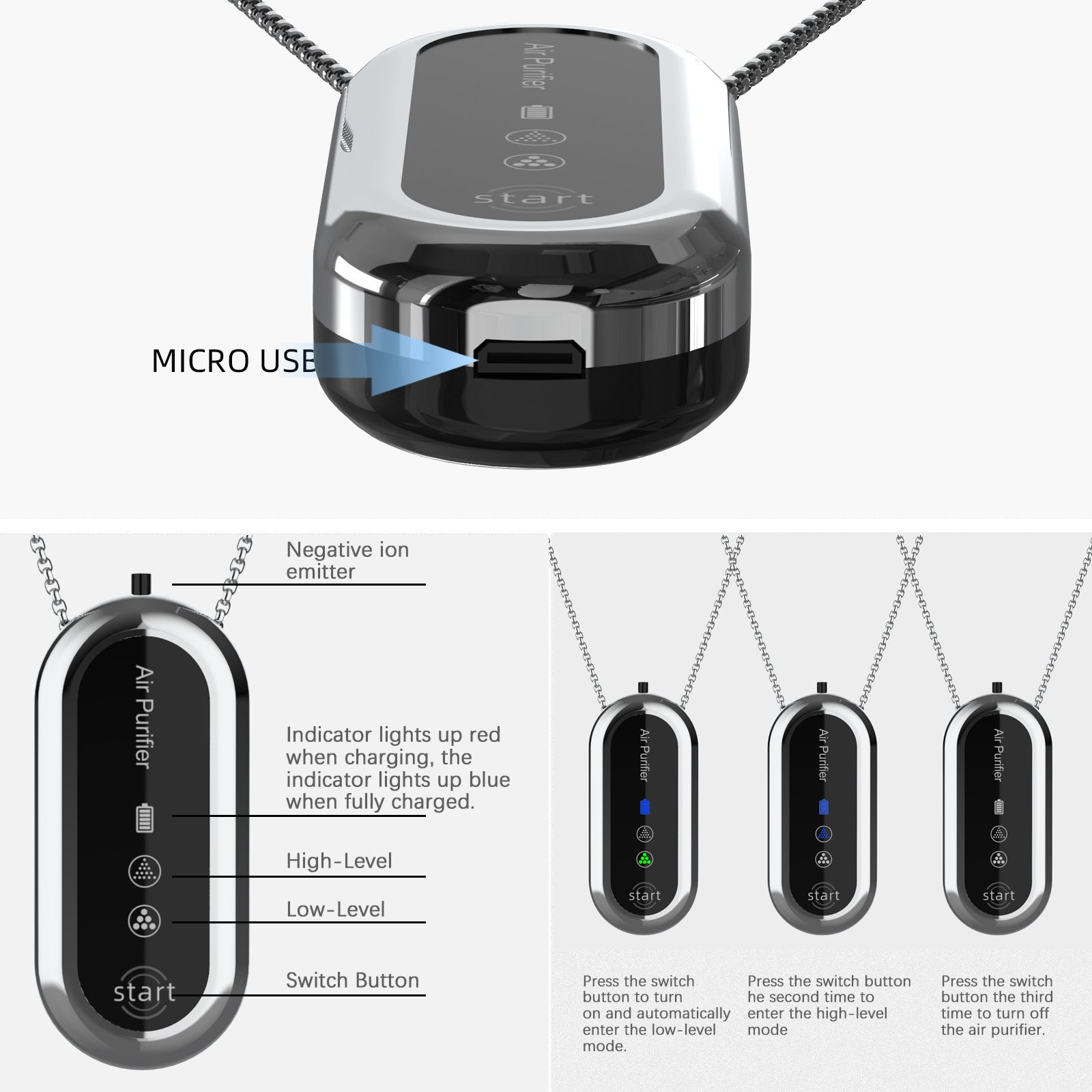 Silver and Black Personal Wearable Air Purifier Necklace - USB Rechargeable Ionizer for Cleaner Air On-The-Go