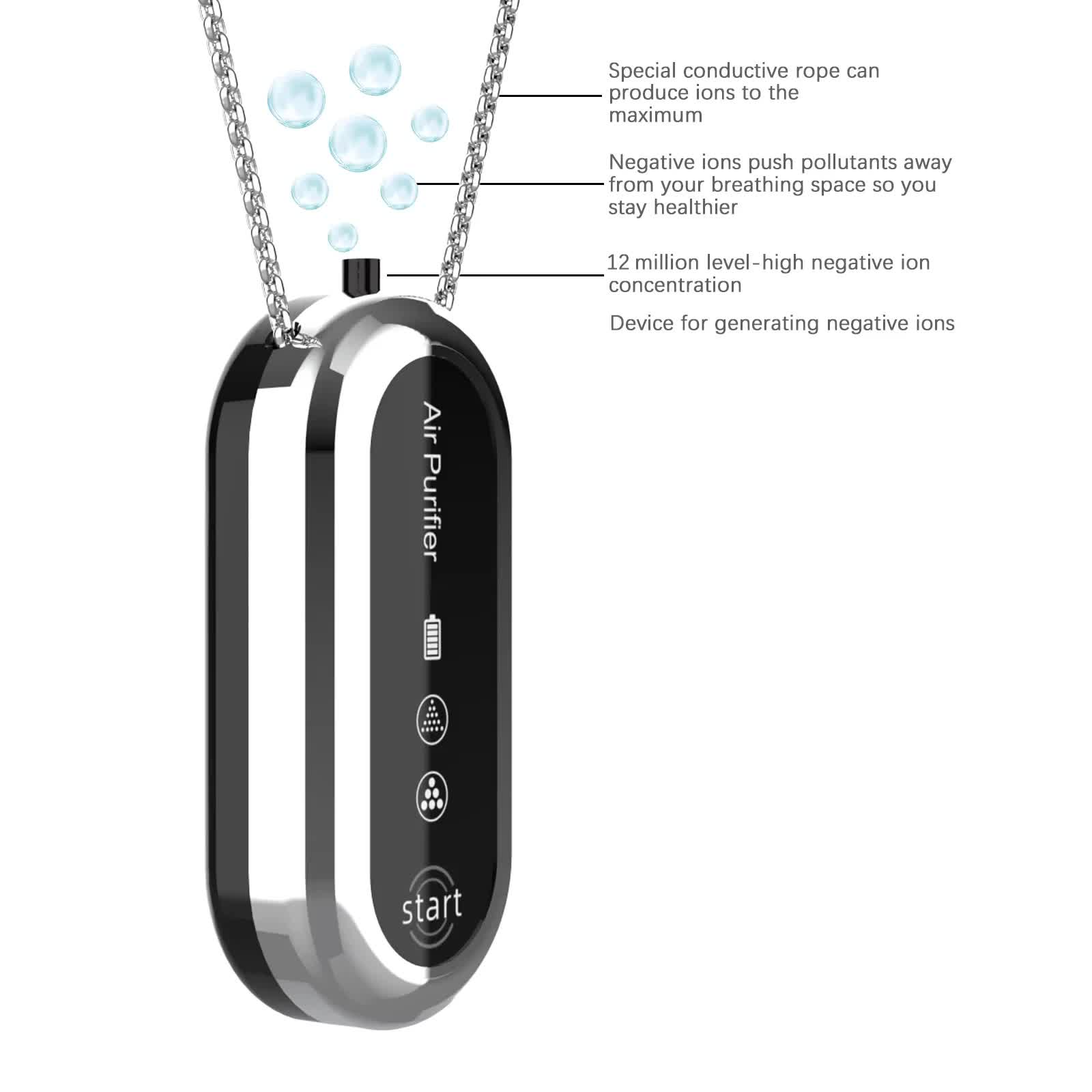 Silver and Black Personal Wearable Air Purifier Necklace - USB Rechargeable Ionizer for Cleaner Air On-The-Go