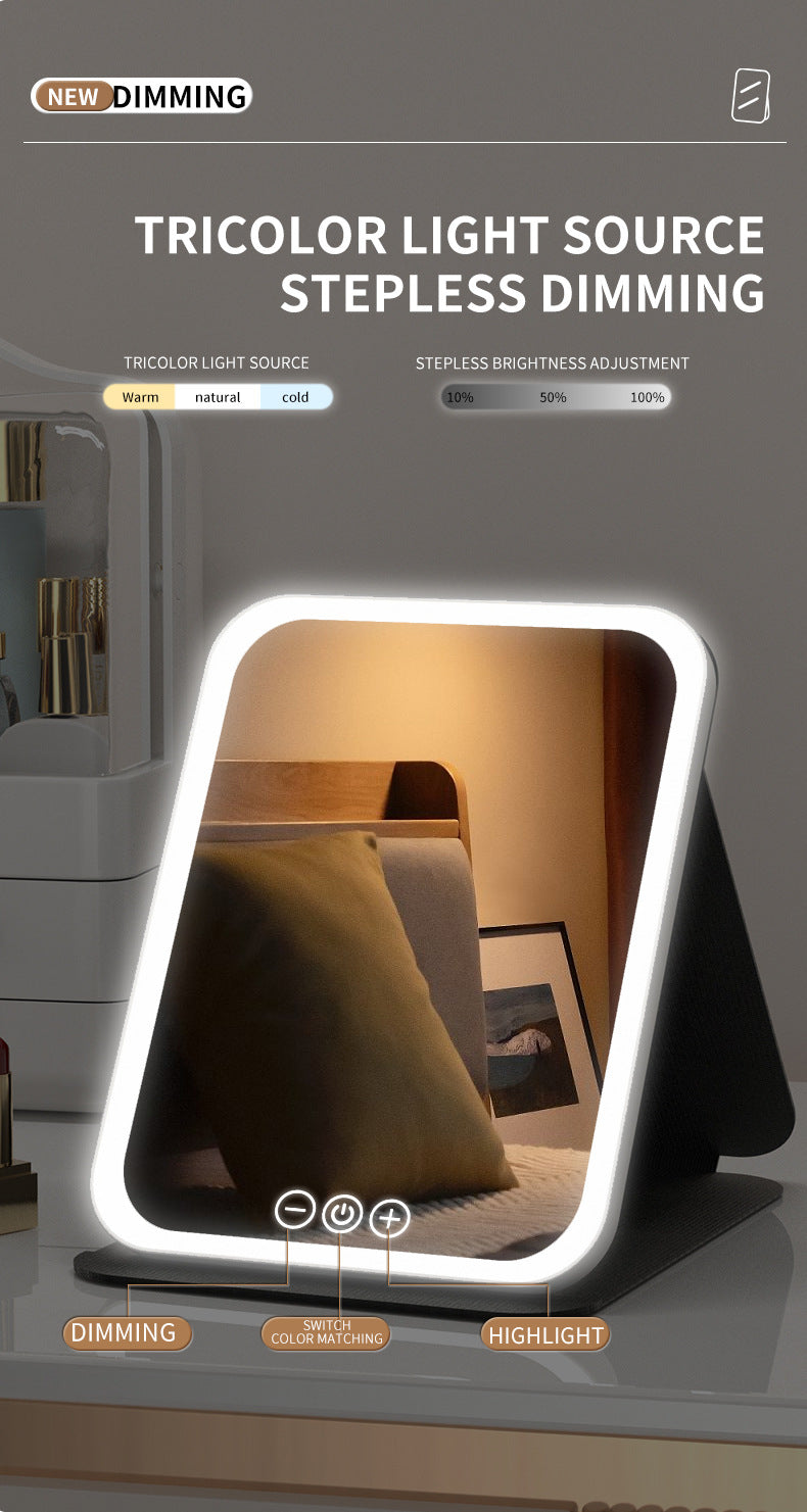 Pink Large Foldable LED Makeup Mirror - Portable Desktop Vanity with 3 Color Lights, Stepless Dimming & Adjustable Stand
