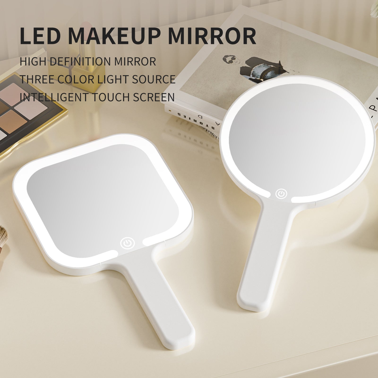 White Square Portable Handheld LED Makeup Mirror - USB-C Rechargeable with 3 Color Light Modes for On-The-Go Touch-Ups