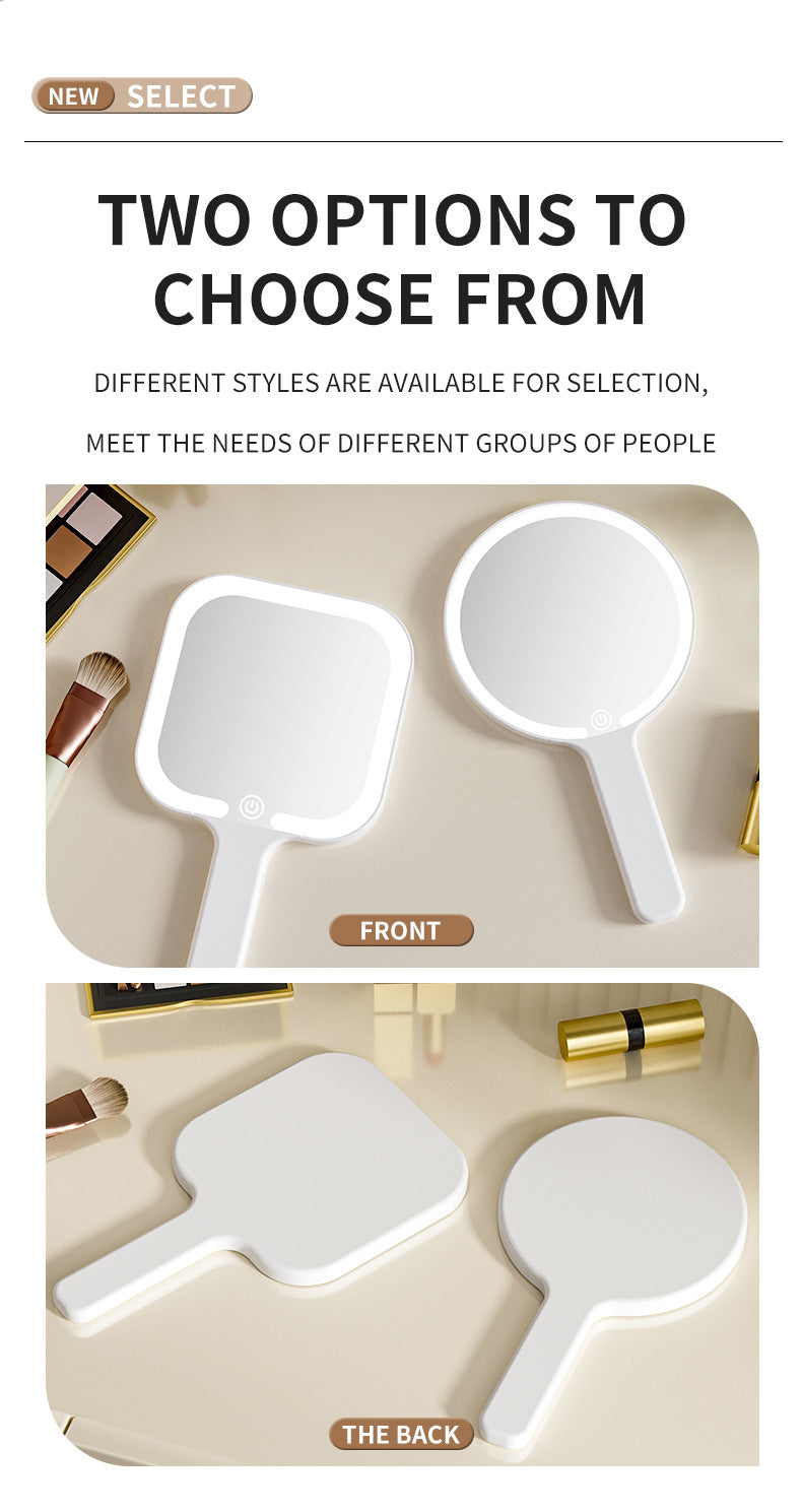 White Square Portable Handheld LED Makeup Mirror - USB-C Rechargeable with 3 Color Light Modes for On-The-Go Touch-Ups