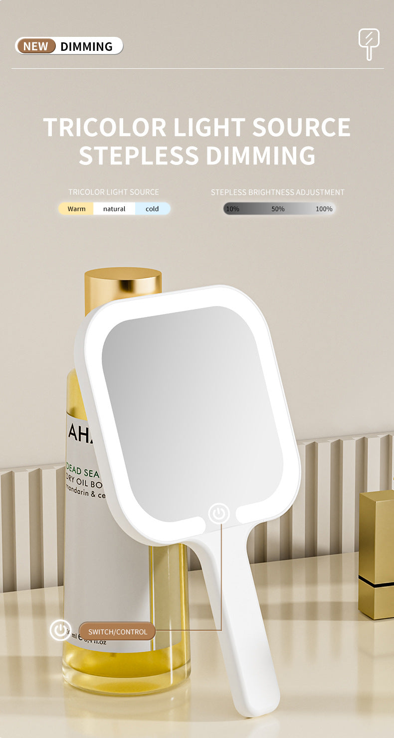 Light Yellow Round Portable Handheld LED Makeup Mirror - USB-C Rechargeable with 3 Color Light Modes for On-The-Go Touch-Ups