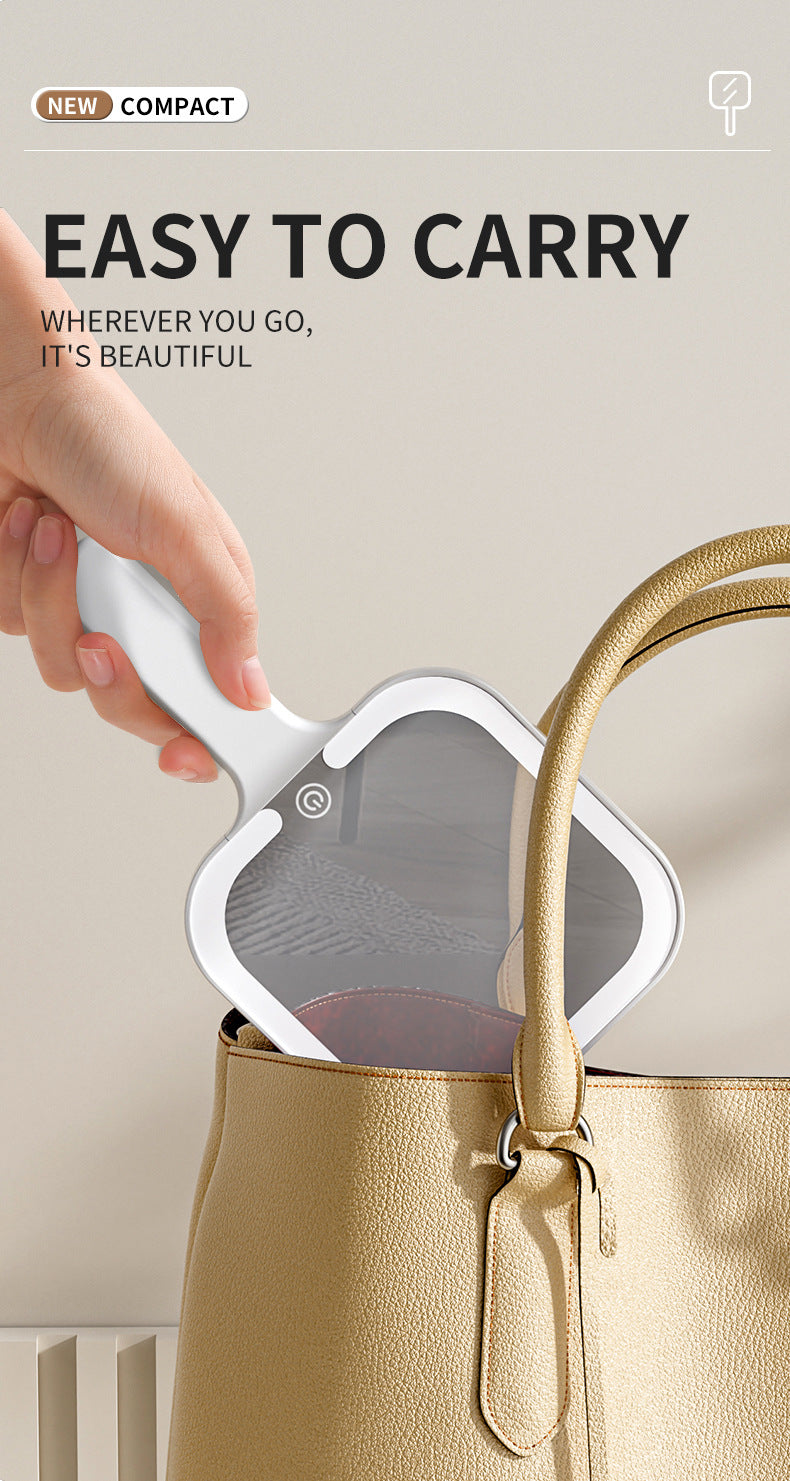 Light Yellow Round Portable Handheld LED Makeup Mirror - USB-C Rechargeable with 3 Color Light Modes for On-The-Go Touch-Ups