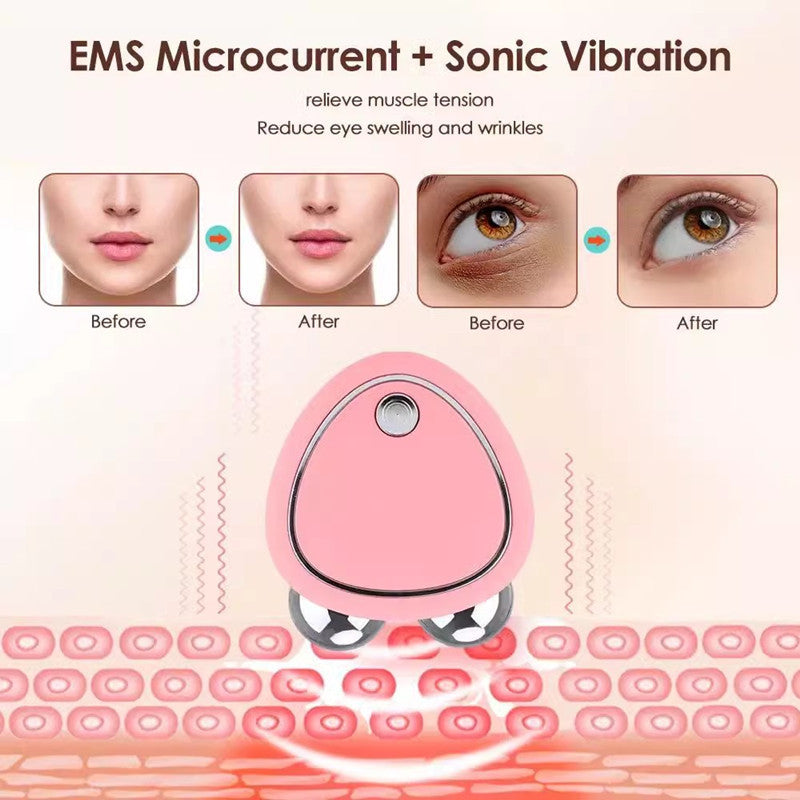 Pink EMS Microcurrent Facial Massager - Dual Roller V-Face Lifting & Firming Beauty Device, USB Rechargeable