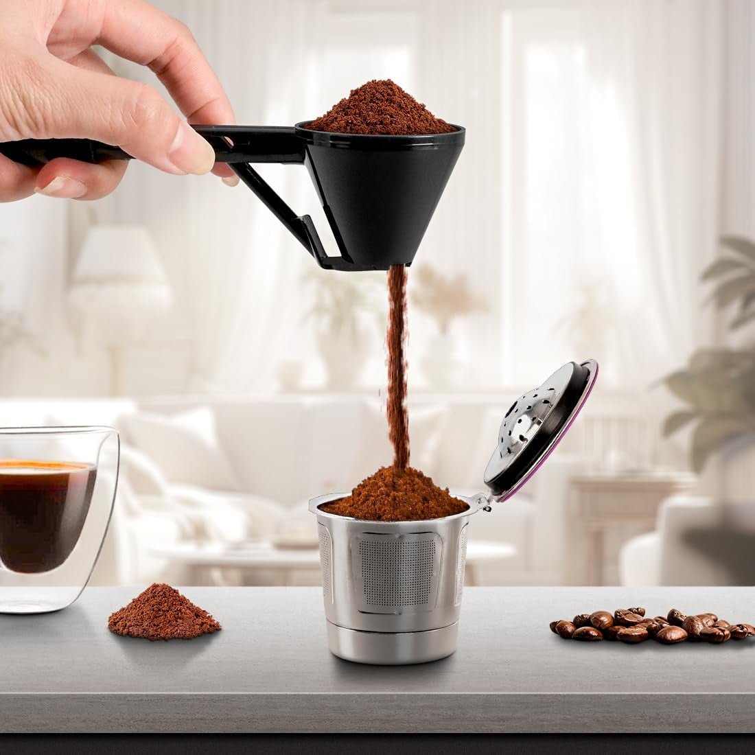Black 2-Pack No-Spill Sliding Scoop & Funnel - Mess-Free for Protein Powder, Coffee, Formula