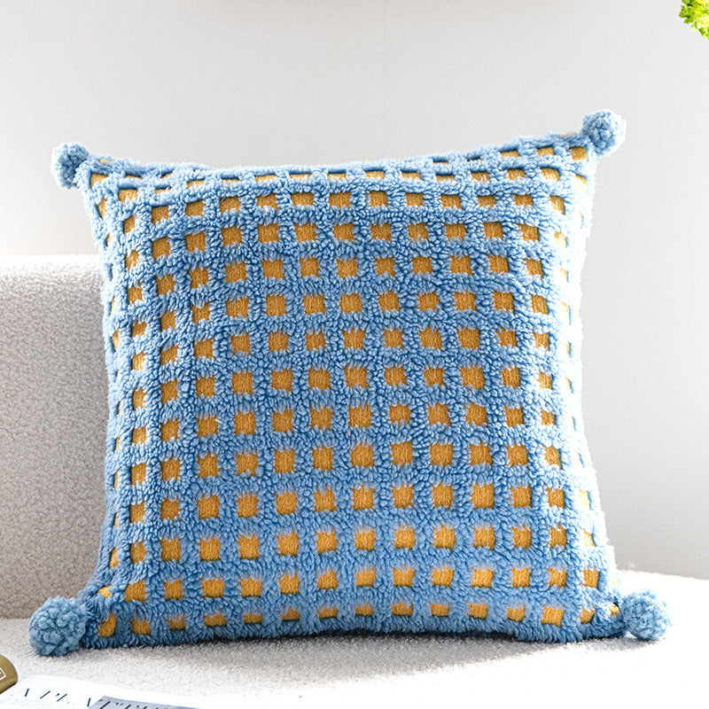 Blue and Yellow 3D Checkered Cushion Cover with Pom Poms - Soft Decorative Pillow Case for Sofa & Living Room 45x45cm, Cover Only