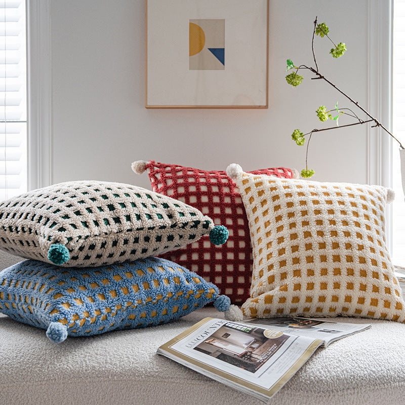 Beige and Green 3D Checkered Cushion Cover with Pom Poms - Soft Decorative Pillow Case for Sofa & Living Room 45x45cm, Cover Only