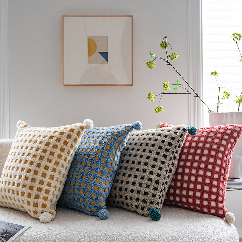 Beige and Green 3D Checkered Cushion Cover with Pom Poms - Soft Decorative Pillow Case for Sofa & Living Room 45x45cm, Cover Only