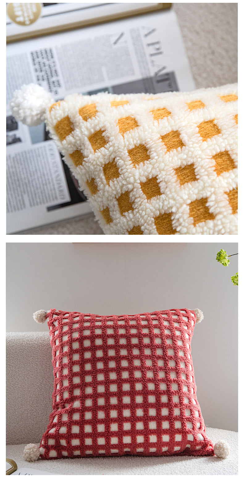 Beige and Green 3D Checkered Cushion Cover with Pom Poms - Soft Decorative Pillow Case for Sofa & Living Room 45x45cm, Cover Only