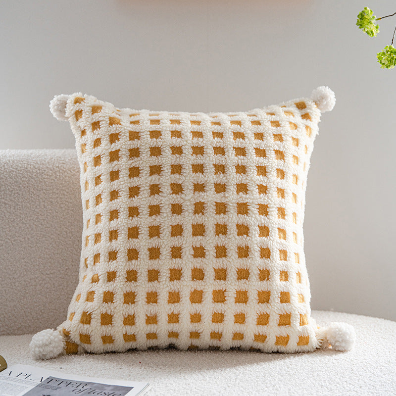 Beige and Yellow 3D Checkered Cushion Cover with Pom Poms - Soft Decorative Pillow Case for Sofa & Living Room 45x45cm, Cover Only
