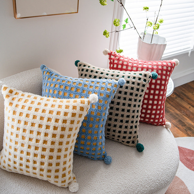 Beige and Yellow 3D Checkered Cushion Cover with Pom Poms - Soft Decorative Pillow Case for Sofa & Living Room 45x45cm, Cover Only
