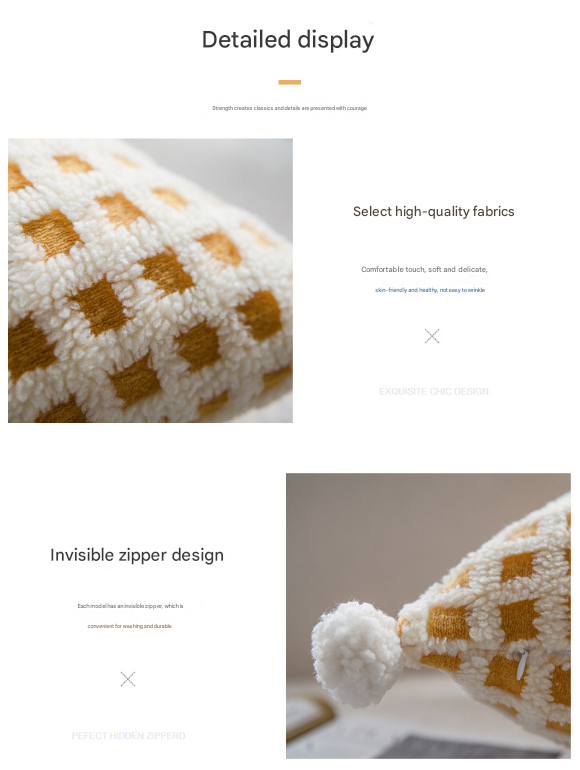 Beige and Yellow 3D Checkered Cushion Cover with Pom Poms - Soft Decorative Pillow Case for Sofa & Living Room 45x45cm, Cover Only