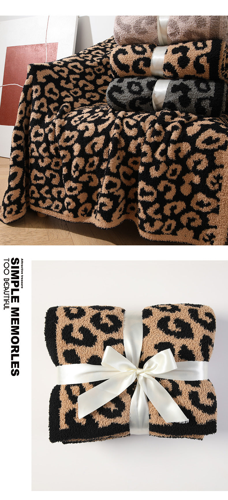 Brown and Black Luxurious Leopard Print Knit Throw Blanket - Ultra-Soft Jacquard Plush for Sofa, Bed & Cozy Comfort 130x150cm