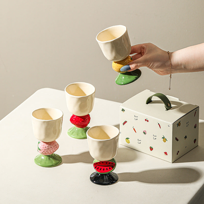 Yellow Whimsical lemon Stem Ceramic Goblet - 150ml Hand-Painted lemon Design, Unique Coffee & Drinkware Gift with Box
