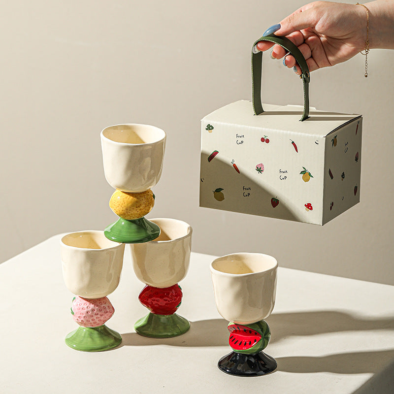 Yellow Whimsical lemon Stem Ceramic Goblet - 150ml Hand-Painted lemon Design, Unique Coffee & Drinkware Gift with Box