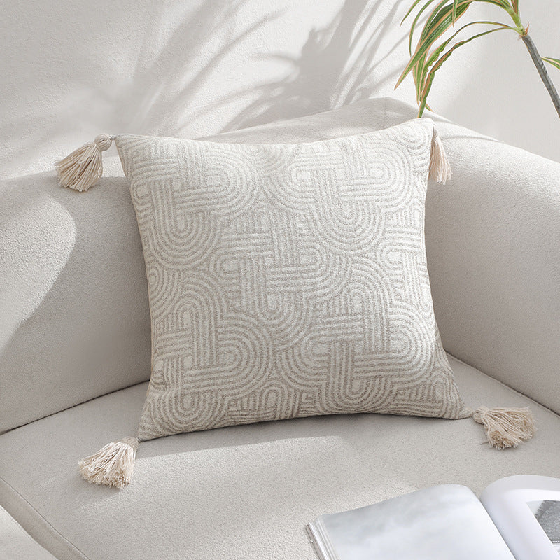 Beige Chic Geometric Jacquard Cushion Covers with Tassels - Set of 2, Plush Blend for Sofa & Bed Decor 45x45cm, Insert Not Included