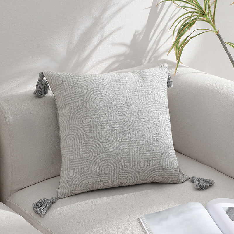 Grey Chic Geometric Jacquard Cushion Covers with Tassels - Set of 2, Plush Blend for Sofa & Bed Decor 45x45cm, Insert Not Included