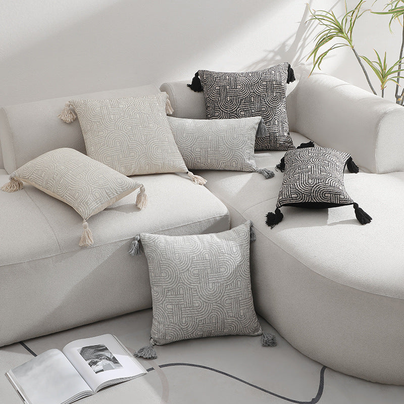 Grey Chic Geometric Jacquard Cushion Covers with Tassels - Set of 2, Plush Blend for Sofa & Bed Decor 45x45cm, Insert Not Included