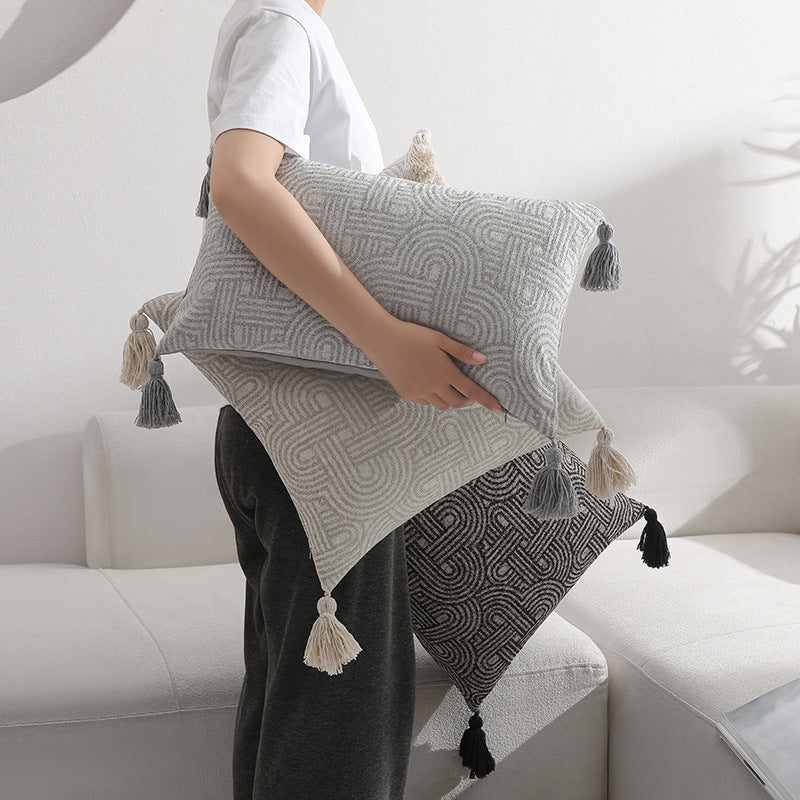 Grey Chic Geometric Jacquard Cushion Covers with Tassels - Set of 2, Plush Blend for Sofa & Bed Decor 45x45cm, Insert Not Included