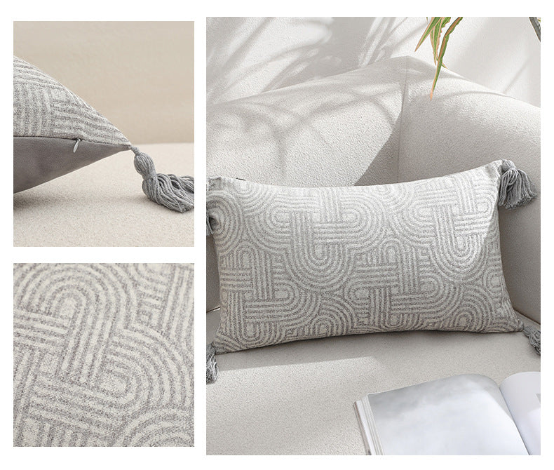 Grey Chic Geometric Jacquard Cushion Covers with Tassels - Set of 2, Plush Blend for Sofa & Bed Decor 45x45cm, Insert Not Included