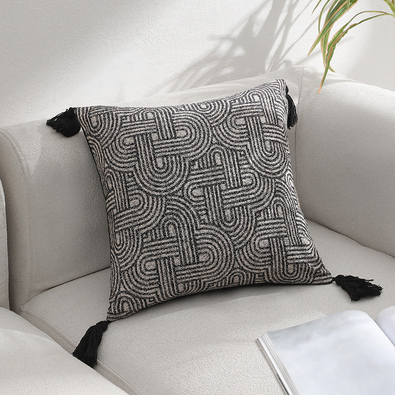 Black Chic Geometric Jacquard Cushion Covers with Tassels - Set of 2, Plush Blend for Sofa & Bed Decor 45x45cm, Insert Not Included
