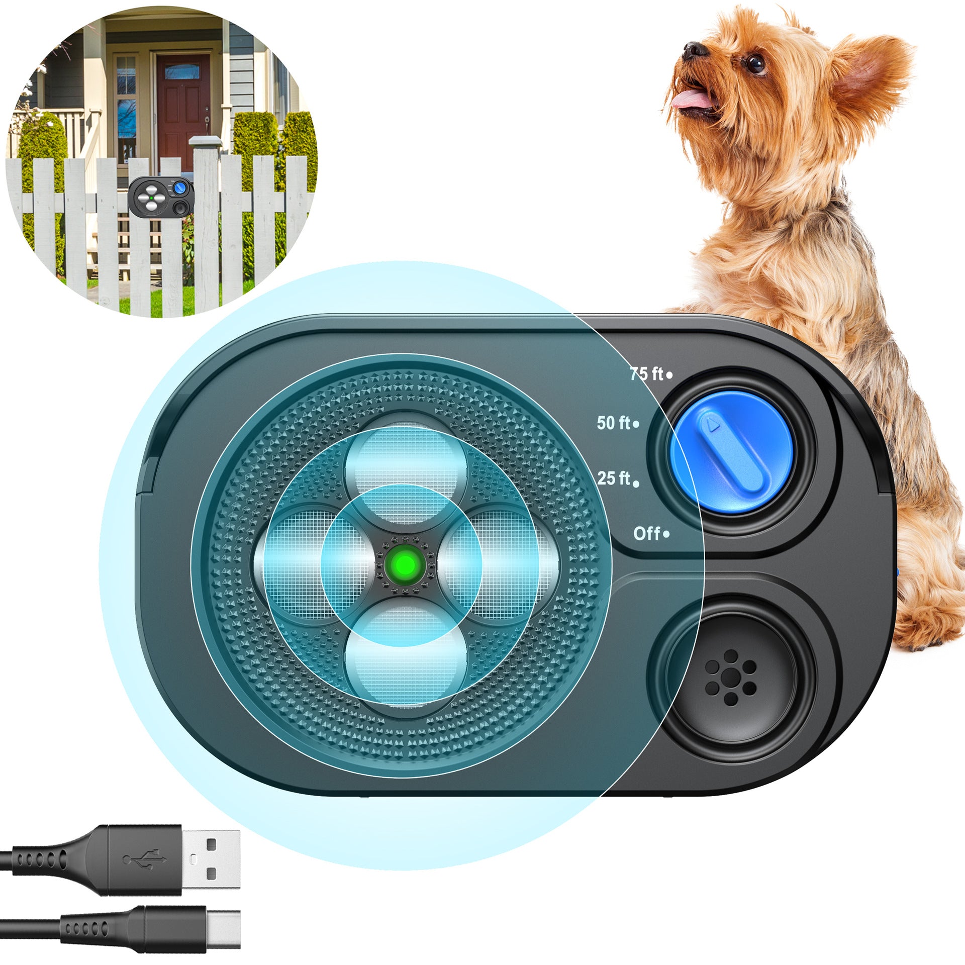 Black Advanced Ultrasonic Dog Bark Control - Dual Emitters, Variable Frequency, IP65 Waterproof, 75ft Range, Rechargeable