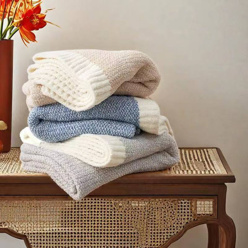 Beige and White Plush Chenille-Knit Throw Blanket - Soft Cozy Polyester for Bed & Sofa | Textured Two-Tone Design 127x153cm