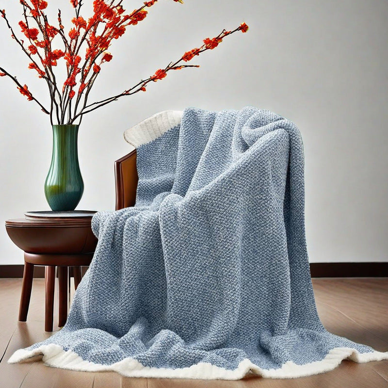Beige and White Plush Chenille-Knit Throw Blanket - Soft Cozy Polyester for Bed & Sofa | Textured Two-Tone Design 127x153cm