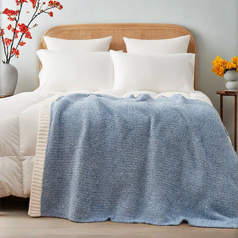 Beige and White Plush Chenille-Knit Throw Blanket - Soft Cozy Polyester for Bed & Sofa | Textured Two-Tone Design 127x153cm