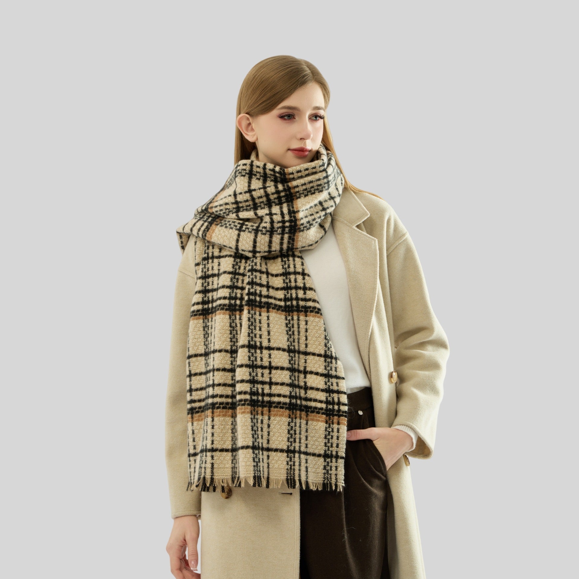 Dark Grey Chic Plaid Winter Scarf - Large Soft Polyester Shawl Wrap with Tassels, Korean Inspired Fashion